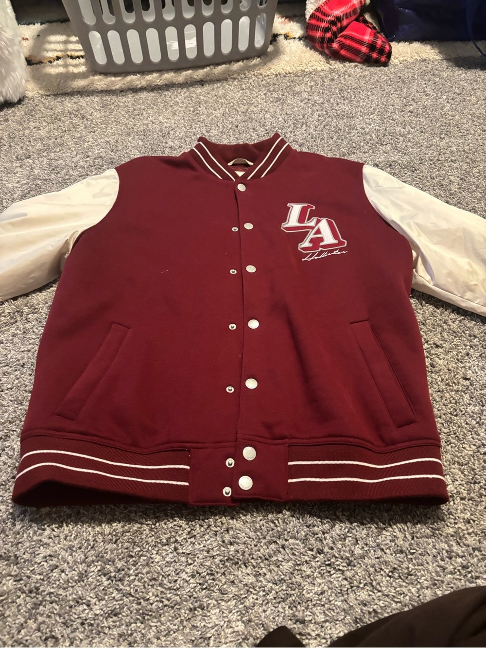Hollister Maroon Letterman Style Jacket with Cream Accents